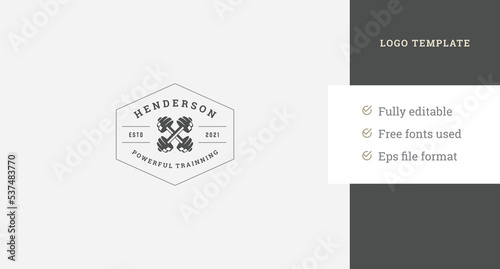 Fitness center vintage logo design template crossed dumbbells heavy metallic equipment vector