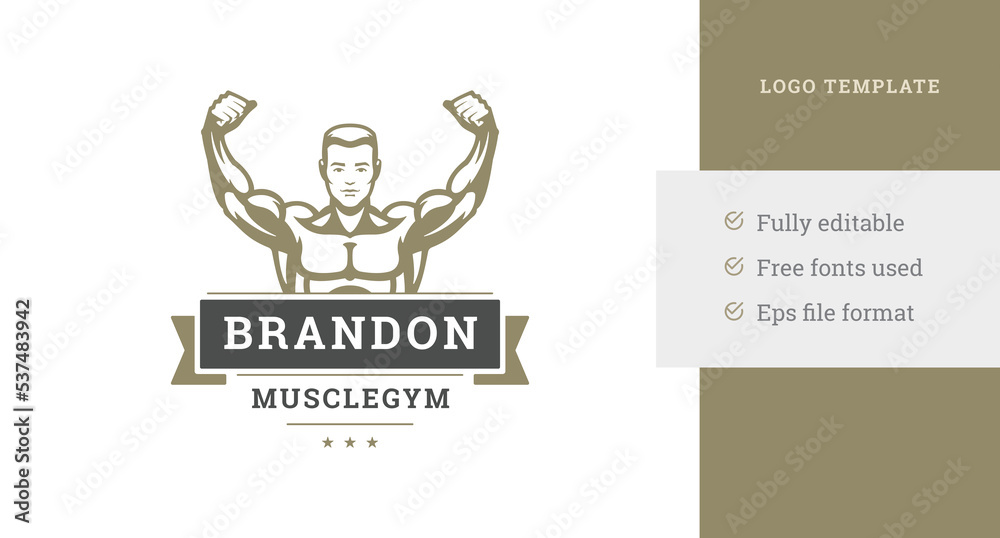 Athletic man performing biceps with raising hands vintage fitness logo design template vector