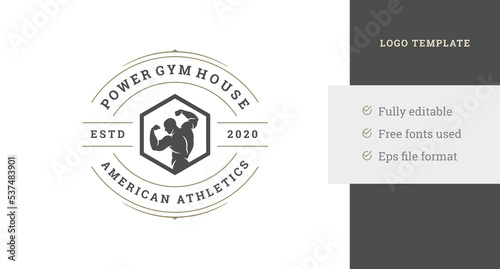 Athletic man biceps silhouette geometric frame circle fitness club logo design template vector