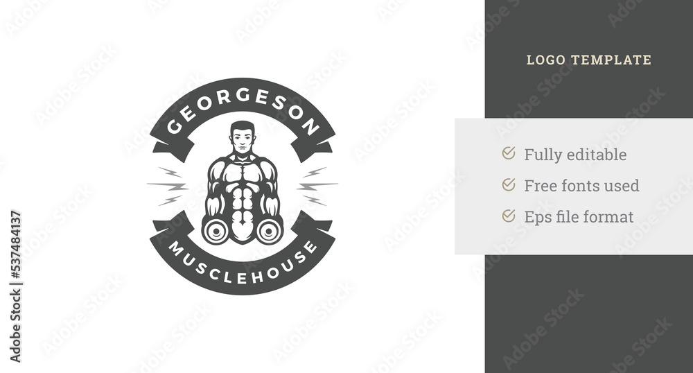 Athletic man muscular body holding dumbbells lightnings fitness center logo template design vector Athletic man muscular body holding dumbbells lightnings fitness center logo template design vector