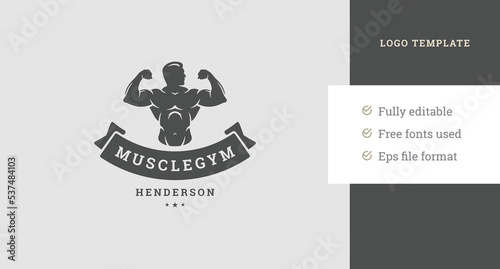 Male muscular body monochrome silhouette fitness club logo design template with ribbon vector
