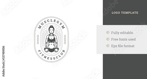 Sports woman muscular body training dumbbells fitness center vintage logo design template vector