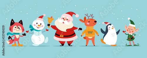 Merry Christmas concept with Santa Claus and winter animals stand together. Vector flat Christmas illustration. For banner, card, package.