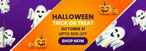 Halloween trick or treat party night celebration banner, poster and web header background.