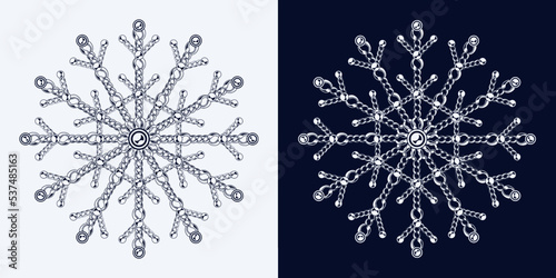 Fancy monochrome snowflake made of jewelry chains with ball beads. Elegant jewel illustration for winter sales, christmas, new year holiday, gift decoration.