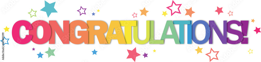 CONGRATULATIONS! colorful typography banner with stars on transparent ...