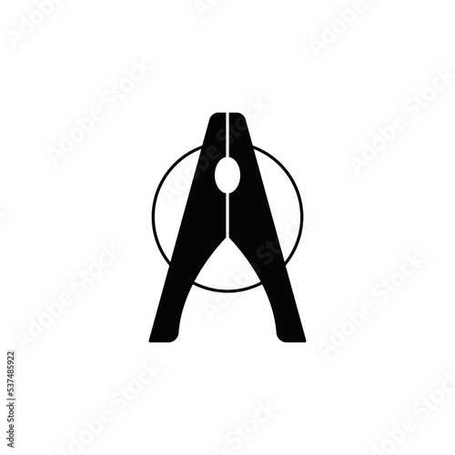 Clothes peg icon in black flat glyph, filled style isolated on white background