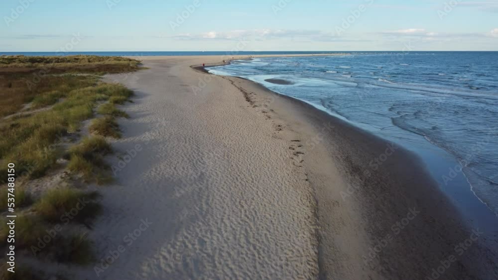 Drone view of the beautiful beach covered in grass under the blue cloudy sky in Skagen, Denmark