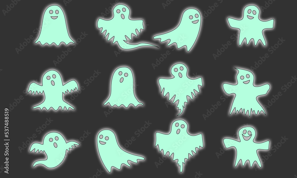 halloween party ghosts, good ghosts, fluorescent effect and light shadow and neutral background.