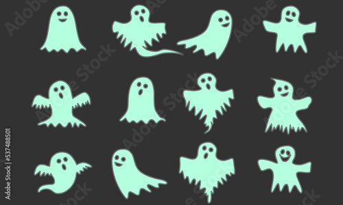 halloween party ghosts, good ghosts, fluorescent effect and light shadow and neutral background.