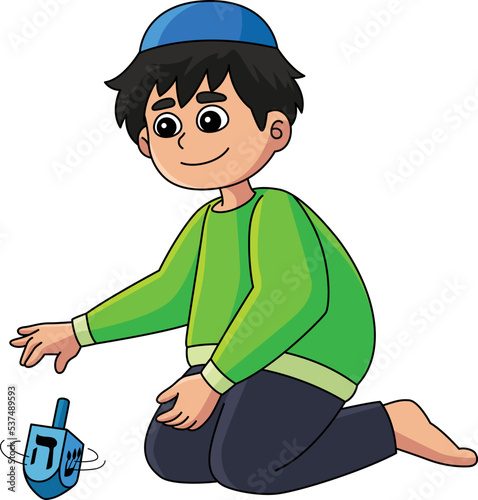 Hanukkah Boy Playing Dreidel Cartoon Clipart