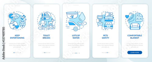 Long traveling with pets blue onboarding mobile app screen. Trip rules walkthrough 5 steps editable graphic instructions with linear concepts. UI, UX, GUI template. Myriad Pro-Bold, Regular fonts used