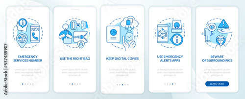 Travel security tips blue onboarding mobile app screen. Move abroad walkthrough 5 steps editable graphic instructions with linear concepts. UI, UX, GUI template. Myriad Pro-Bold, Regular fonts used