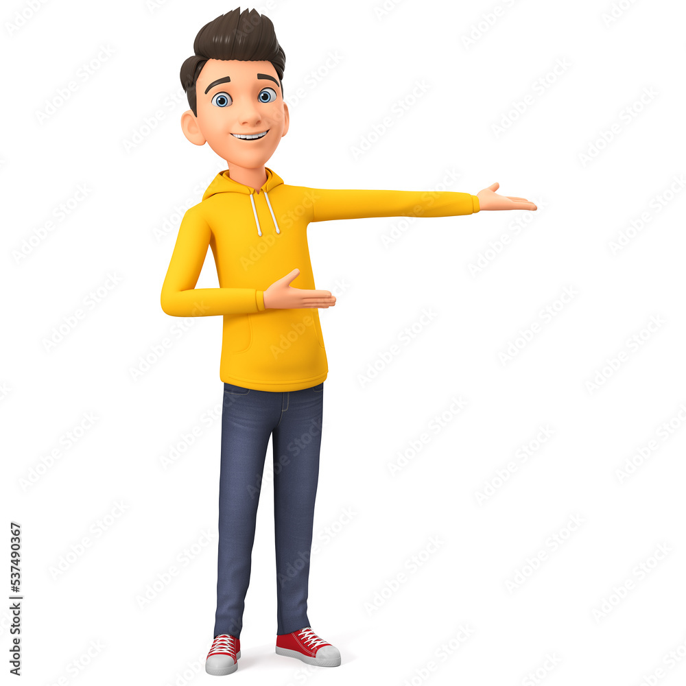 Cartoon character cheerful guy points with his hands to an empty space. 3d render illustration. Cartoon character cheerful guy points with his hands to an empty space. 3d render illustration.