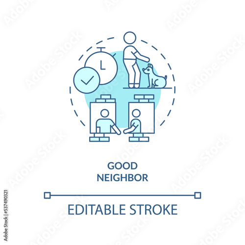 Asking neighbors to pet sit turquoise concept icon. Animal care. Good neighborhood abstract idea thin line illustration. Isolated outline drawing. Editable stroke. Arial, Myriad Pro-Bold fonts used