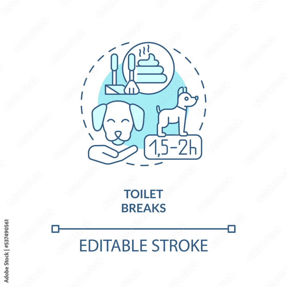 Pets toilet breaks while traveling turquoise concept icon. Animals potty schedule abstract idea thin line illustration. Isolated outline drawing. Editable stroke. Arial, Myriad Pro-Bold fonts used