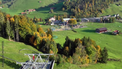 Aerial: Zip line adventure park in Kronberg, Jakobsbad in Appenzell by drone. (Switzerland) photo