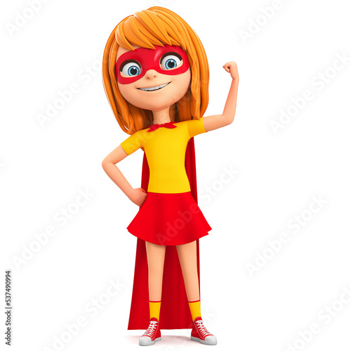 Cartoon character girl in a super hero costume shows his muscles. 3d render illustration.