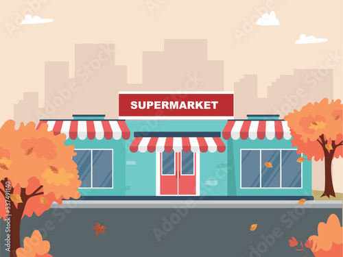 Supermarket Grocery Store in autumn City Flat Illustration