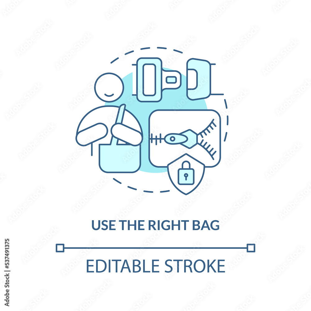 Use correct bag turquoise concept icon. Prevent grabbing while traveling. Trip safety abstract idea thin line illustration. Isolated outline drawing. Editable stroke. Arial, Myriad Pro-Bold fonts used