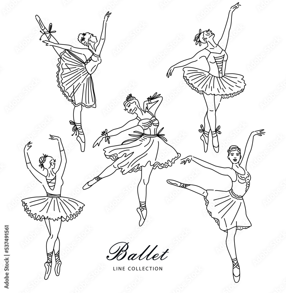 Women ballet dancer set of continuous line drawing in black color