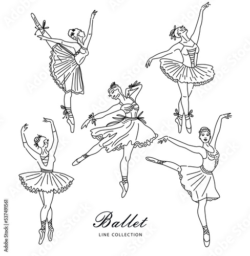 Women ballet dancer set of continuous line drawing in black color. Dancing girls and figures.