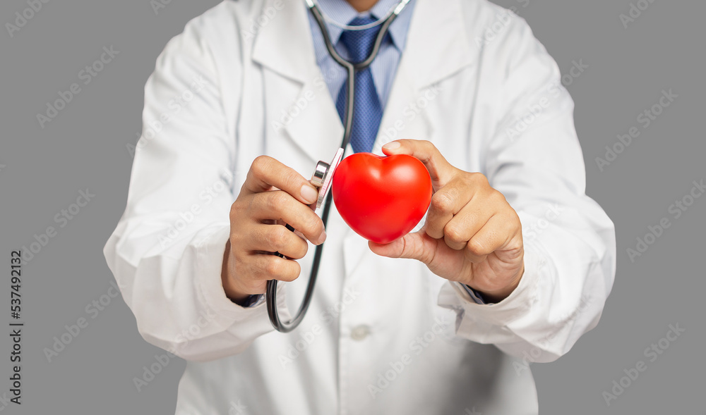 Cardiology concept. Close-up of hand doctor holding a red heart shape while standing in the hospital Cardiology concept. Close-up of hand doctor holding a red heart shape while standing in the hospital