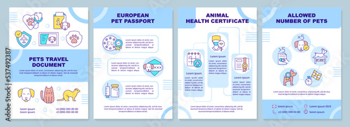 Pets travel document blue brochure template. Animal passport. Leaflet design with linear icons. Editable 4 vector layouts for presentation, annual reports. Arial-Black, Myriad Pro-Regular fonts used