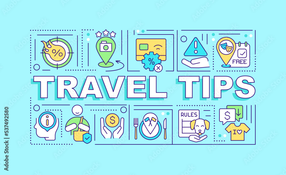 Travel tips word concepts turquoise banner. Boarding rules. Safety trip. Infographics with editable icons on color background. Isolated typography. Vector illustration with text. Arial-Black font used