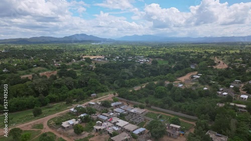 Aerial flyover rural landscape in Dajabon between Haiti and Dominican Republic border photo