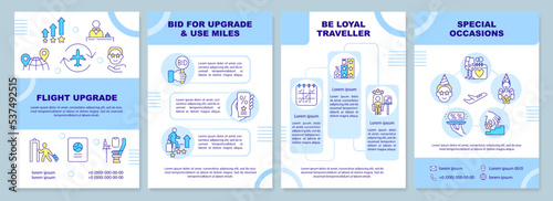 Flight upgrade blue brochure template. Business class airlines. Leaflet design with linear icons. Editable 4 vector layouts for presentation, annual reports. Arial-Black, Myriad Pro-Regular fonts used