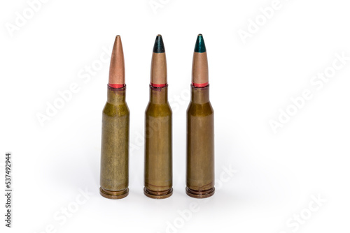 Different service cartridges for assault rifle on a white background