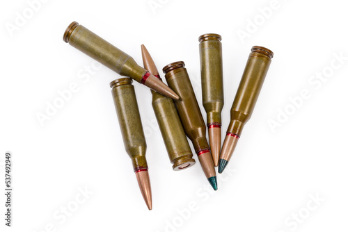 Different service cartridges for assault rifle on a white background