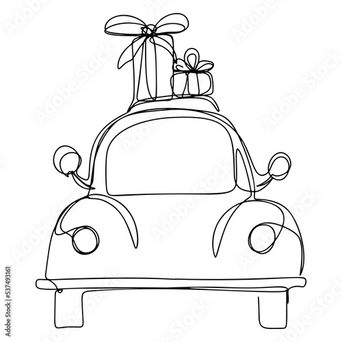 One Line Car with Gifts Continuous Line Drawing