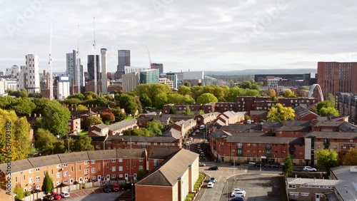 Hulme suburb of Manchester city downtown residential and skyscraper apartment skyline aerial view photo