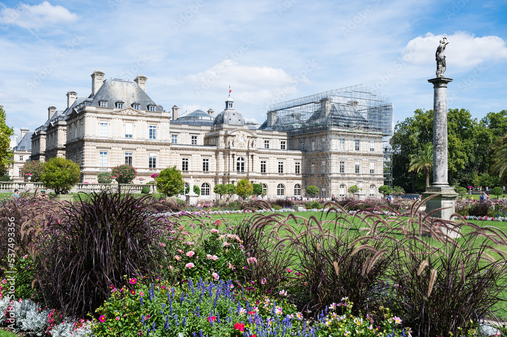 Luxembourg Gardens located between Saint-Germain and Latin Quarter in Paris, France. Luxembourg castle was built by the queen Marie de' Medici, the widow of King Henry IV