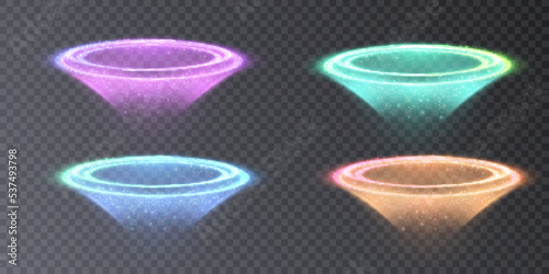 Light funnel effect. A glowing swirl pattern of rings and stardust sparkles on a transparent background.