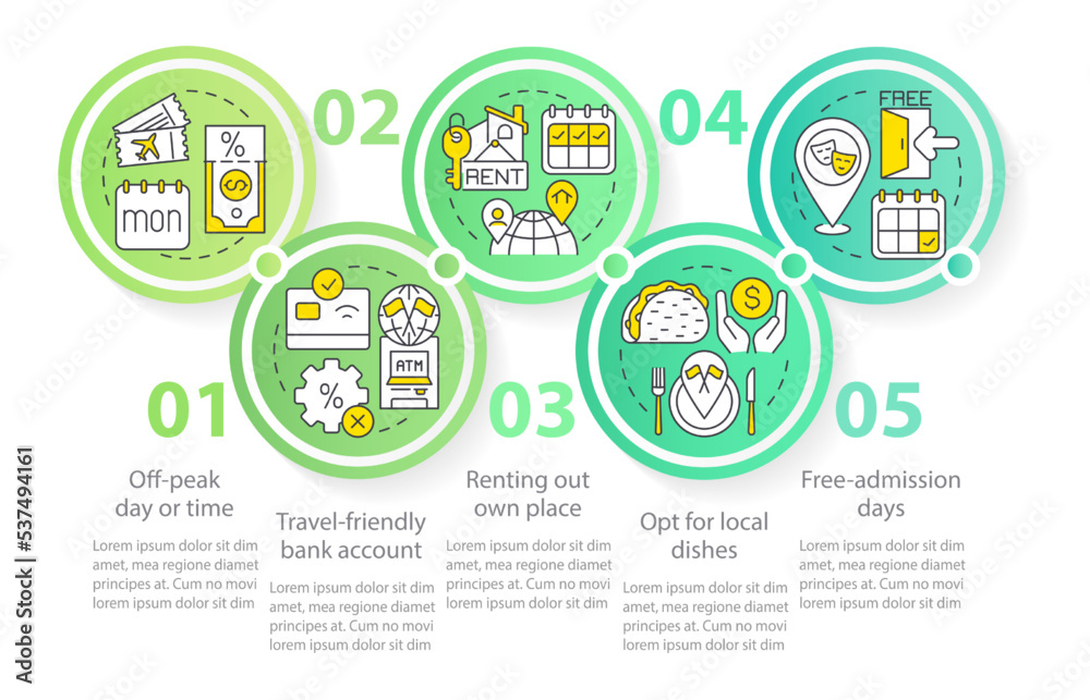 Saving travel tips circle infographic template. Budget trip advices Data visualization with 5 steps. Editable timeline info chart. Workflow layout with line icons. Myriad Pro-Regular font used Saving travel tips circle infographic template. Budget trip advices Data visualization with 5 steps. Editable timeline info chart. Workflow layout with line icons. Myriad Pro-Regular font used