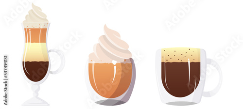 Set of 3 glass coffee mugs. Delicious coffee drink icon vector illustration design. Latte glass with creme. Refreshing morning hot drink for energy