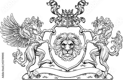 Crest Pegasus Horse Coat of Arms Lion Shield Seal