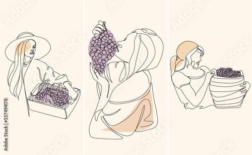 Beautiful woman eating grapes vector illustration. A woman holds a basket with grapes.