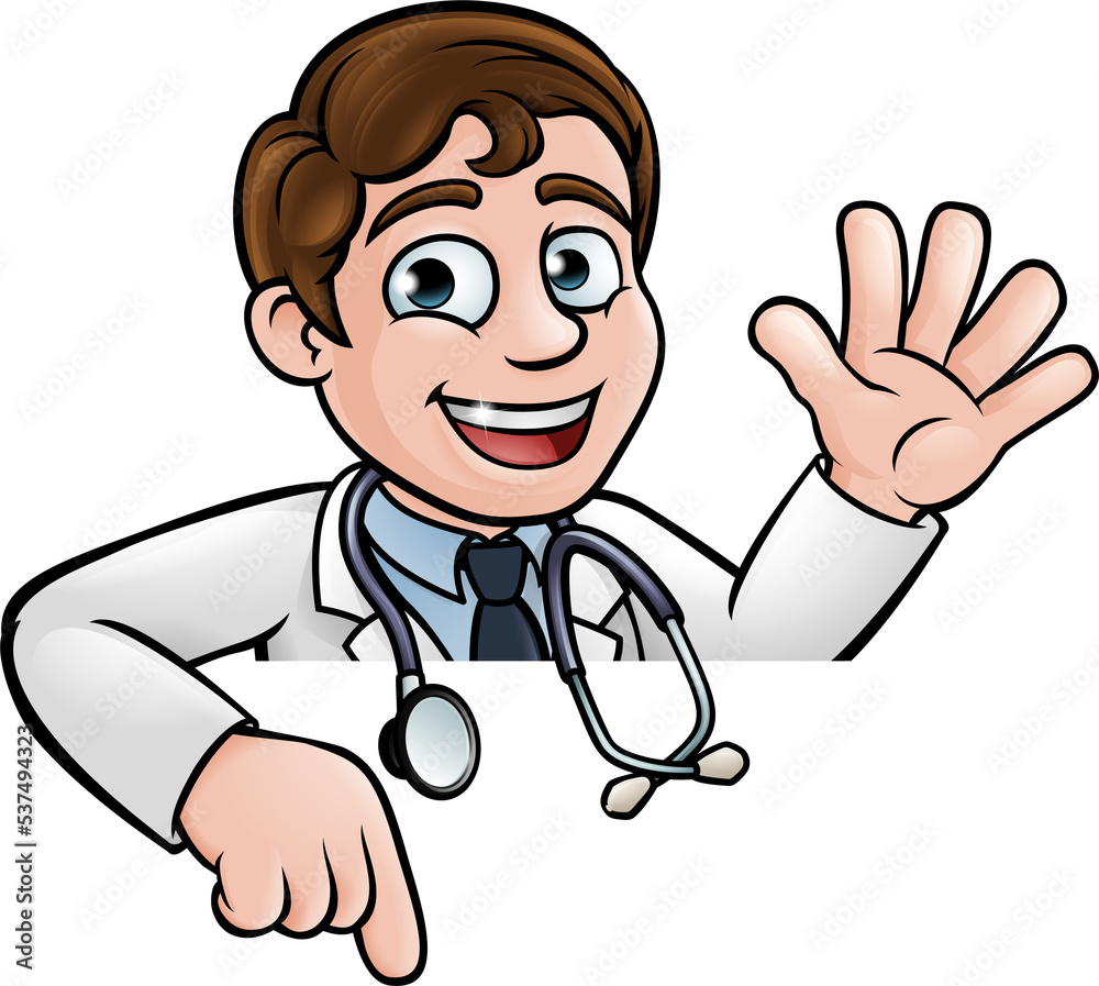 Fototapeta premium Doctor Cartoon Character Above Sign Pointing