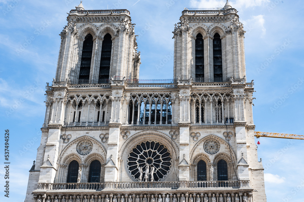 Notre Dame de Paris monument in Paris, France. Medieval Catholic cathedral currently being under reconstruction after the fire, planned to be completed by Spring 2024