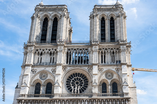 Notre Dame de Paris monument in Paris, France. Medieval Catholic cathedral currently being under reconstruction after the fire, planned to be completed by Spring 2024