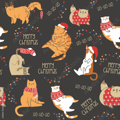 A cool seamless vector pattern. Funny fat cats in Christmas costumes. Kittens tangled in the garland. New Year pattern. 