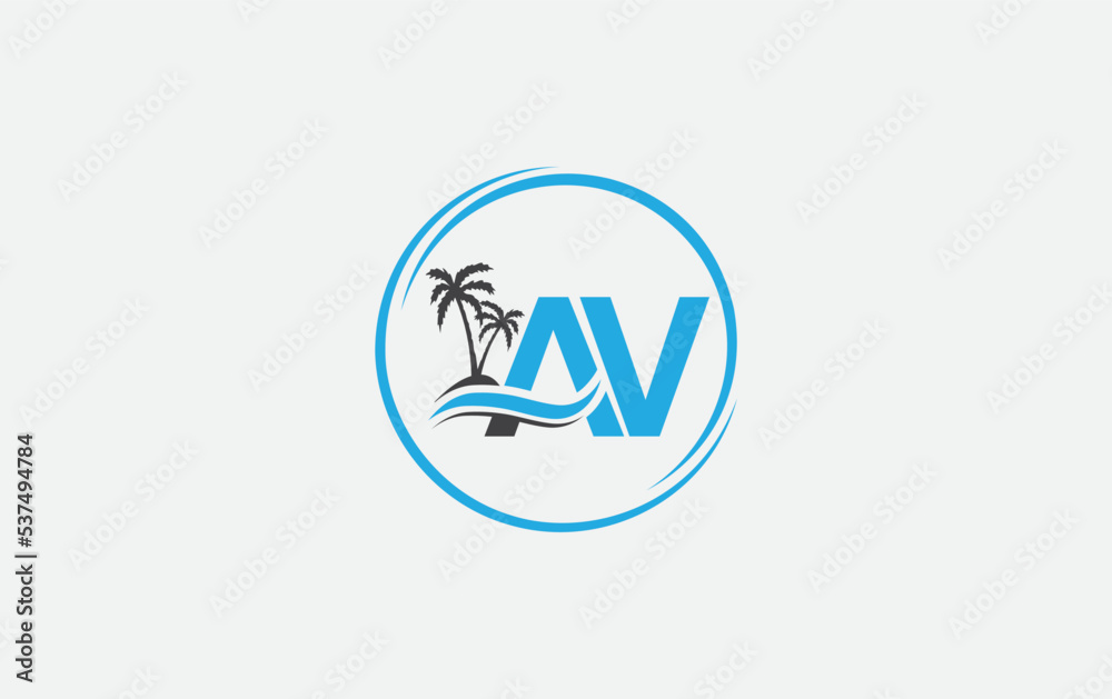 Water wave circle logo and ocean beach palm tree vector logo letters Water wave circle logo and ocean beach palm tree vector logo letters