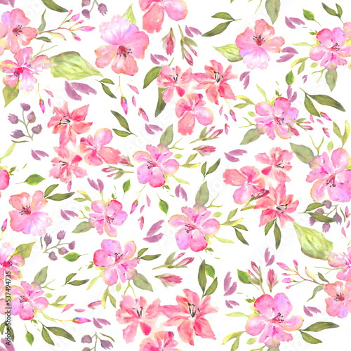 Watercolor seamless pattern with abstract different pink flowers, leaves, branches. Hand drawn floral illustration isolated on white background. For packaging, wallpaper, wrapping design or print