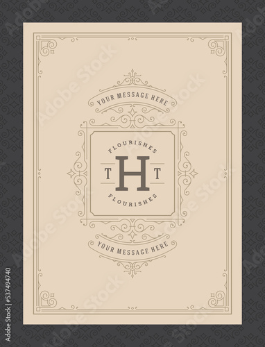 Vintage ornament greeting card calligraphic ornate swirls and vignettes frame design vector template