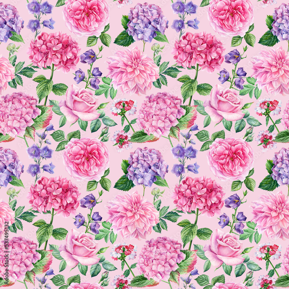 Flora seamless pattern. Rose, hydrangea, bluebell flowers, watercolor botanical illustration