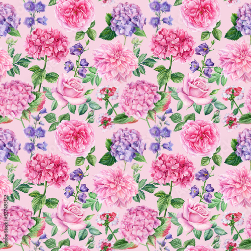 Flora seamless pattern. Rose  hydrangea  bluebell flowers  watercolor botanical illustration